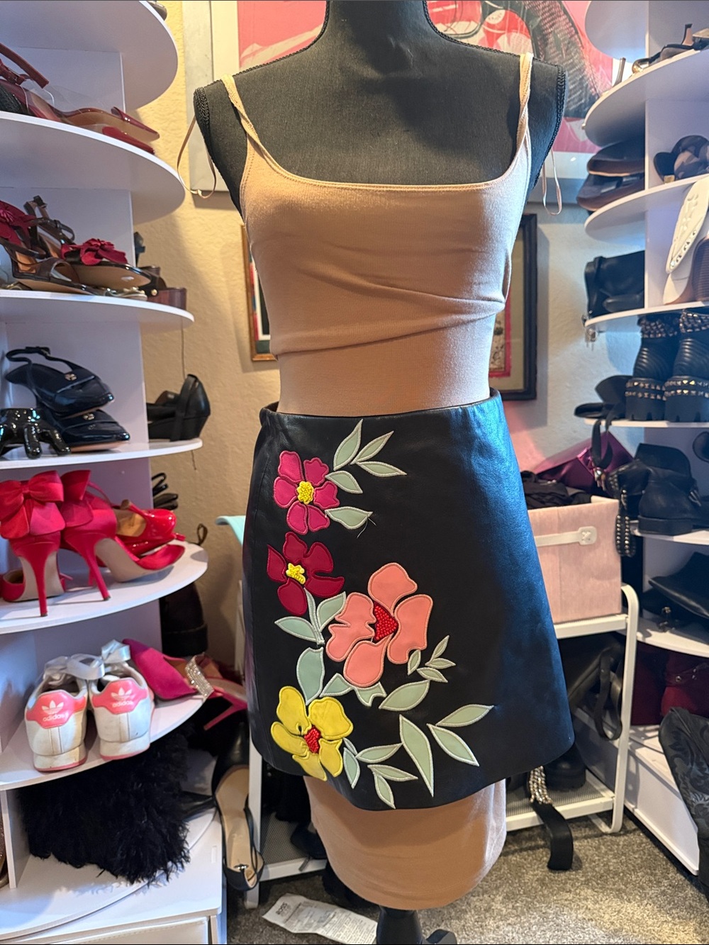 Black Floral Appliqué Mini Skirt